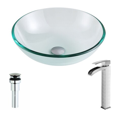 Anzzi Etude Deco-Glass Vessel Sink, Clear with Key Faucet, Brushed Nickel LSAZ087-097B